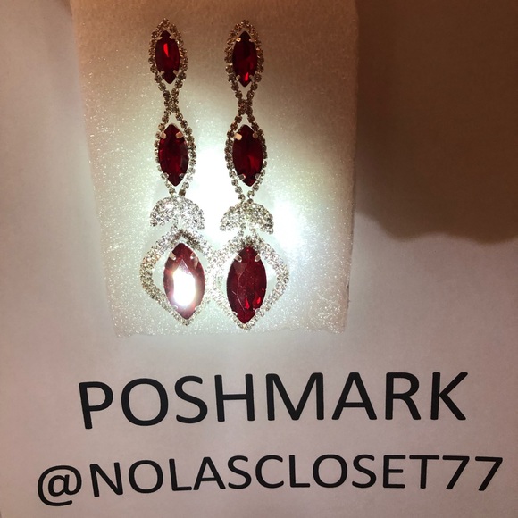 NWT Red Austrian Crystal Earrings in Silvertone - Picture 5 of 8